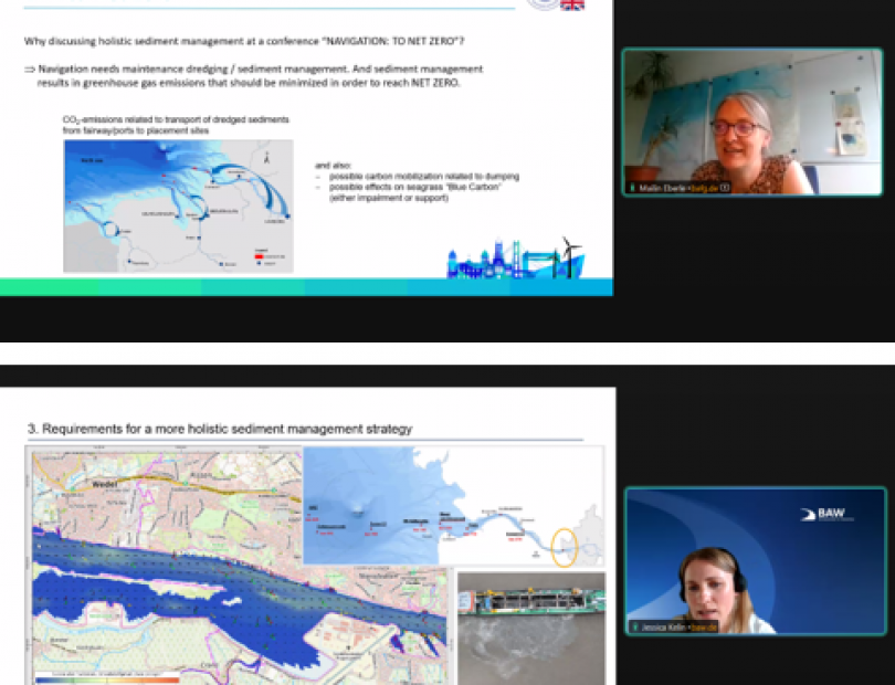 PIANC-D-Meeting. Screenshot der Webkonferenz mit Frau Eberle (BfG) (oben) und Frau Dr. Kelln (BAW) (unten) 